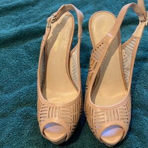 BCBG five inch heels with one inch platform sling back perpendicular toe beige